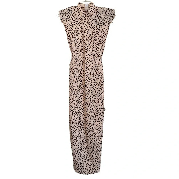 PrettyLittleThing Nude Dalmatian Shoulder Pad Tie Waist Midi Dress NWT - Picture 2 of 7
